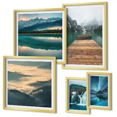 Galeria de parede com paisagens de cachoeiras e montanhas