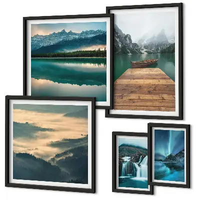 Galeria de parede com paisagens de cachoeiras e montanhas