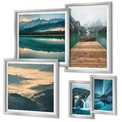 Galeria de parede com paisagens de cachoeiras e montanhas