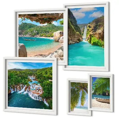 Galeria de quadros para parede com tema de praias e cachoeiras tropicais