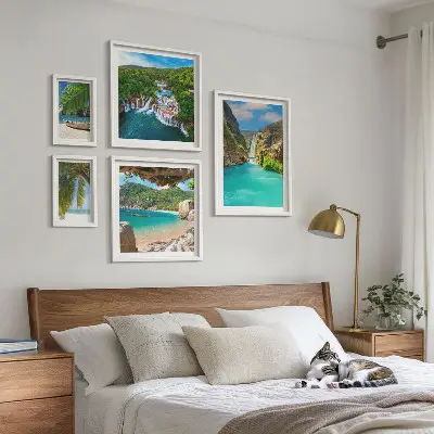 Galeria de quadros para parede com tema de praias e cachoeiras tropicais