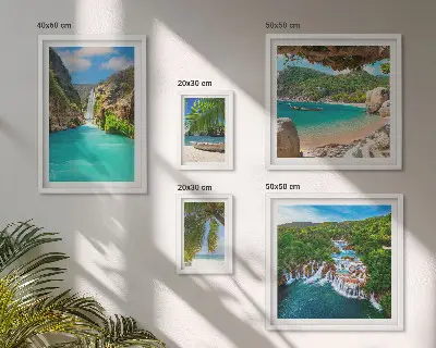 Galeria de quadros para parede com tema de praias e cachoeiras tropicais