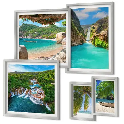 Galeria de quadros para parede com tema de praias e cachoeiras tropicais