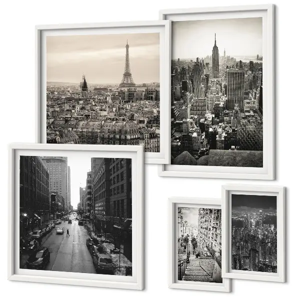 Conjunto de 5 quadros com moldura com panoramas urbanos das capitais europeias