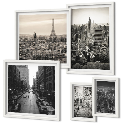 Conjunto de 5 quadros com moldura Panoramas urbanos das capitais europeias