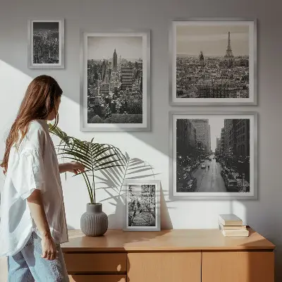 Conjunto de 5 quadros com moldura com panoramas urbanos das capitais europeias