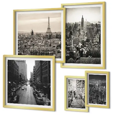 Conjunto de 5 quadros com moldura com panoramas urbanos das capitais europeias