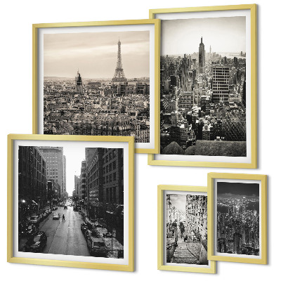 Conjunto de 5 quadros com moldura Panoramas urbanos das capitais europeias