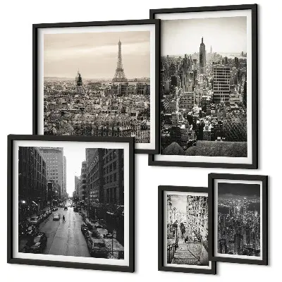 Conjunto de 5 quadros com moldura com panoramas urbanos das capitais europeias