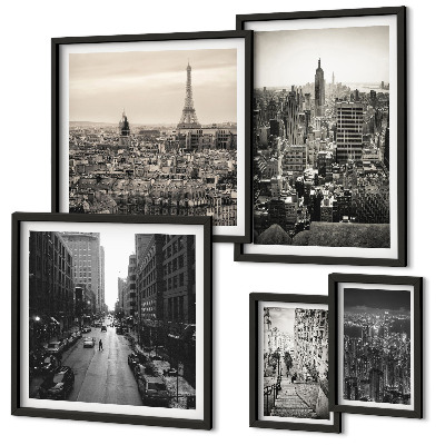 Conjunto de 5 quadros com moldura Panoramas urbanos das capitais europeias