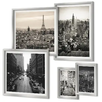 Conjunto de 5 quadros com moldura com panoramas urbanos das capitais europeias