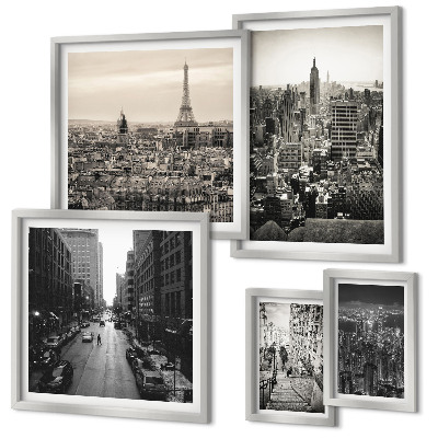 Conjunto de 5 quadros com moldura Panoramas urbanos das capitais europeias