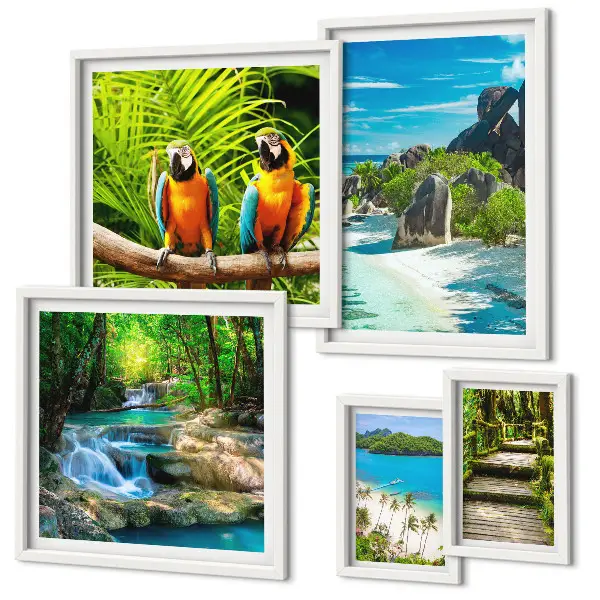 Conjunto de 5 quadros decorativos com paisagens tropicais, pássaros e cachoeiras