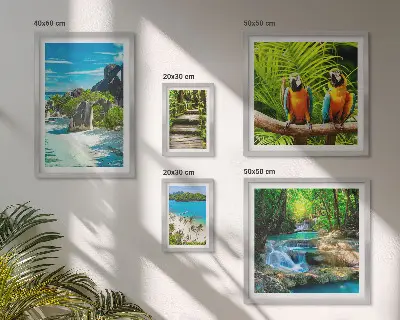 Conjunto de 5 quadros decorativos com paisagens tropicais, pássaros e cachoeiras