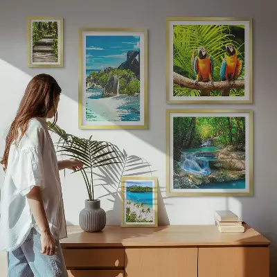 Conjunto de 5 quadros decorativos com paisagens tropicais, pássaros e cachoeiras