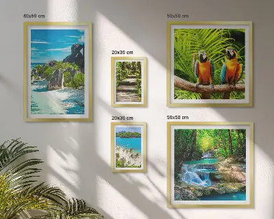 Conjunto de 5 quadros decorativos com paisagens tropicais, pássaros e cachoeiras