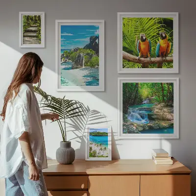 Conjunto de 5 quadros decorativos com paisagens tropicais, pássaros e cachoeiras