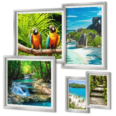 Conjunto de 5 quadros decorativos com paisagens tropicais, pássaros e cachoeiras