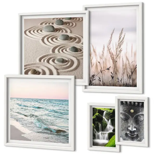 Galeria de parede tema natureza com água zen relaxante