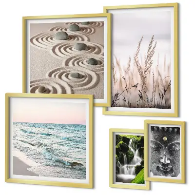 Galeria de parede tema natureza com água zen relaxante