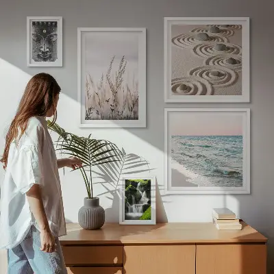 Galeria de parede tema natureza com água zen relaxante