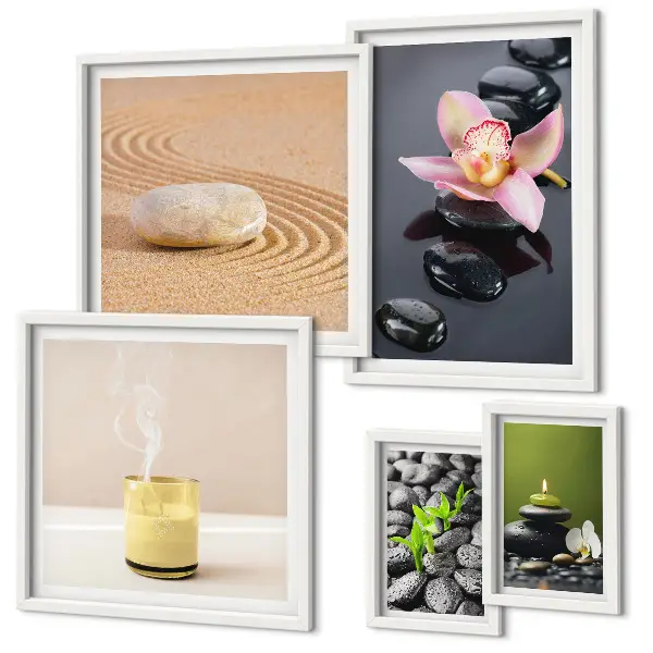 Conjunto de 5 quadros com moldura com estampa de pedras zen relaxantes e orquídeas