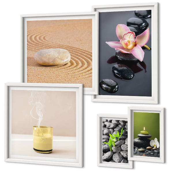 Conjunto de 5 quadros com moldura Pedras zen relaxantes orquídeas