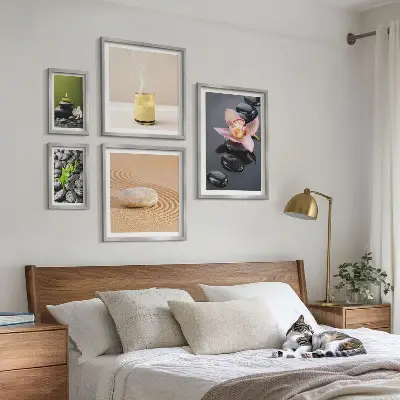 Conjunto de 5 quadros com moldura com estampa de pedras zen relaxantes e orquídeas