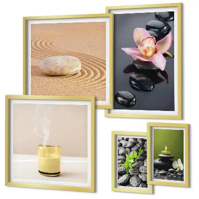 Conjunto de 5 quadros com moldura com estampa de pedras zen relaxantes e orquídeas