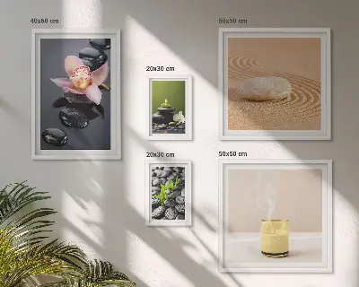 Conjunto de 5 quadros com moldura com estampa de pedras zen relaxantes e orquídeas