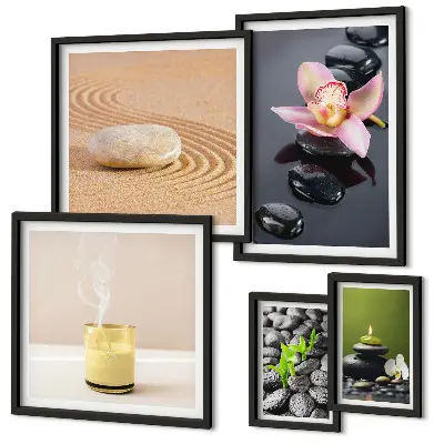 Conjunto de 5 quadros com moldura com estampa de pedras zen relaxantes e orquídeas