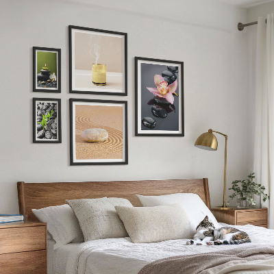 Conjunto de 5 quadros com moldura Pedras zen relaxantes orquídeas