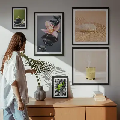 Conjunto de 5 quadros com moldura com estampa de pedras zen relaxantes e orquídeas