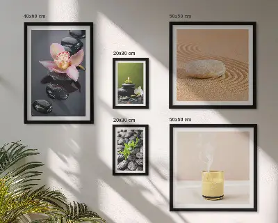 Conjunto de 5 quadros com moldura com estampa de pedras zen relaxantes e orquídeas
