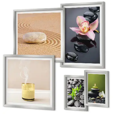 Conjunto de 5 quadros com moldura com estampa de pedras zen relaxantes e orquídeas