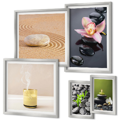 Conjunto de 5 quadros com moldura Pedras zen relaxantes orquídeas