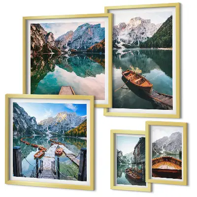 Conjunto de 5 quadros decorativos com barcos de madeira em lagos tranquilos