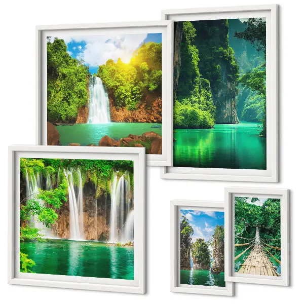 Galeria de quadros para parede retratando cachoeiras tropicais e natureza verde