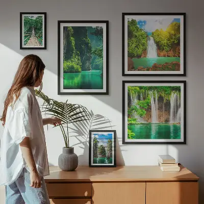 Galeria de quadros para parede retratando cachoeiras tropicais e natureza verde
