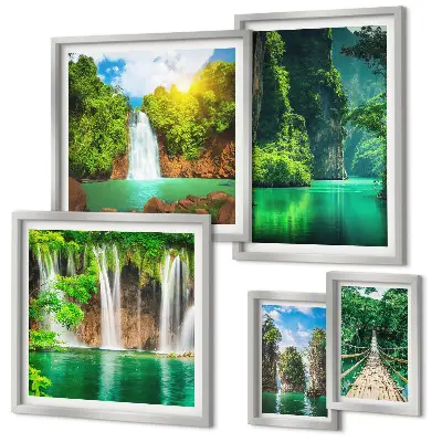 Galeria de quadros para parede retratando cachoeiras tropicais e natureza verde