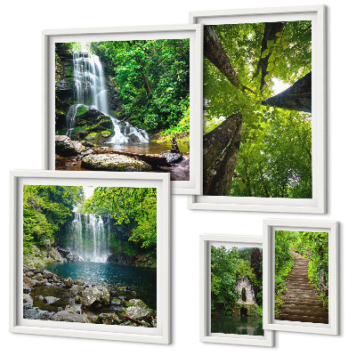 Conjunto de 5 quadros com moldura Paisagens verdes de cachoeiras