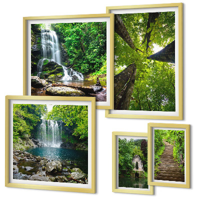 Conjunto de 5 quadros com moldura Paisagens verdes de cachoeiras