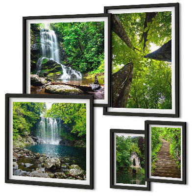 Conjunto de 5 quadros com moldura Paisagens verdes de cachoeiras