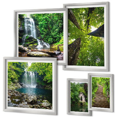 Conjunto de 5 quadros com moldura Paisagens verdes de cachoeiras