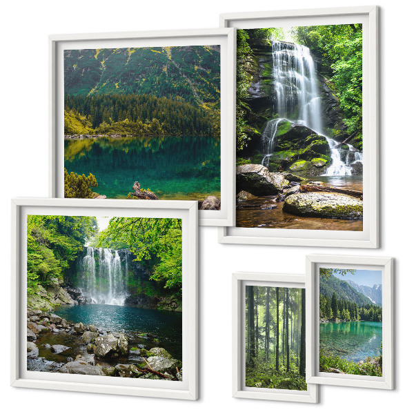 Conjunto de 5 quadros decorativos Cachoeiras, paisagens florestais, natureza