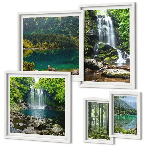 Conjunto de 5 quadros decorativos com paisagens de cachoeiras e florestas