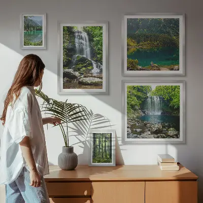 Conjunto de 5 quadros decorativos com paisagens de cachoeiras e florestas
