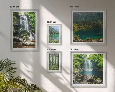 Conjunto de 5 quadros decorativos com paisagens de cachoeiras e florestas