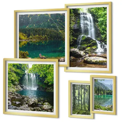 Conjunto de 5 quadros decorativos com paisagens de cachoeiras e florestas