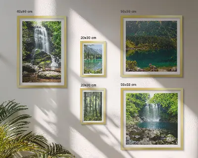 Conjunto de 5 quadros decorativos com paisagens de cachoeiras e florestas
